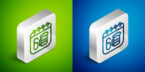 Isometric line Saint Patricks day with calendar icon isolated on green and blue background. Four leaf clover symbol. Date 17 March. Silver square button. Vector.