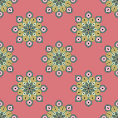 Fototapeta na wymiar Abstract seamless pattern with mandala flower. Mosaic, tile, polka dot. Floral background.