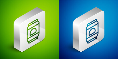 Isometric line Beer can icon isolated on green and blue background. Silver square button. Vector.