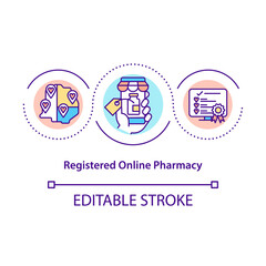 Registered online pharmacy concept icon. Sell quality medicament. Internet store, e-commerce idea thin line illustration. Vector isolated outline RGB color drawing. Editable stroke