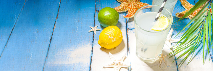 Summer holiday vacation tropical background with lemonade drinks. Mojito cocktail with hard light...
