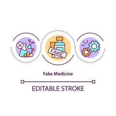 Fake medicine concept icon. Counterfeit drugs. Unhealthy dangerous medication. Online pharmacy idea thin line illustration. Vector isolated outline RGB color drawing. Editable stroke