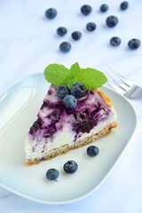 Blueberry cheesecake with mint leaf on white background