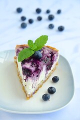 Slice of blueberry cheesecake with mint leaf on white background