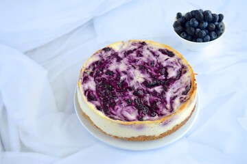 Homemade blueberry cheesecake on white background