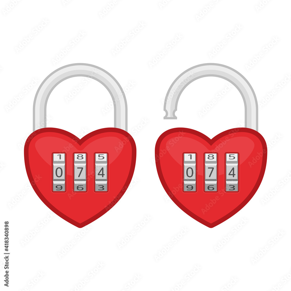 Poster heart code lock. open and closed red shiny heart locks shape with combination locks. love, amour con
