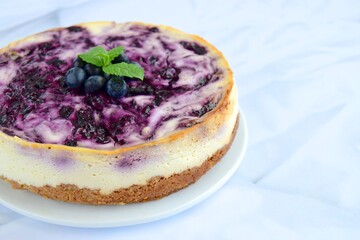 Blueberry cheesecake with mint leaf on white background