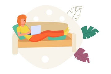 The freelancer is sitting at home, in self-isolation. The girl works on the computer, reads during 

quarantine. Work, leisure, and hobbies in isolation. Vector illustration in a flat cartoon style.
