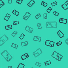 Black line Smartphone with broken screen icon isolated seamless pattern on green background. Shattered phone screen icon. Vector.