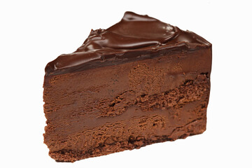 a piece of chocolate cake isolated on a white background