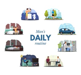 Daily routine of young man. Guy waking up, brushing teeth, running outdoor, commute to work in car, working in office, leisure with tv, sleeping. Schedule vector illustration