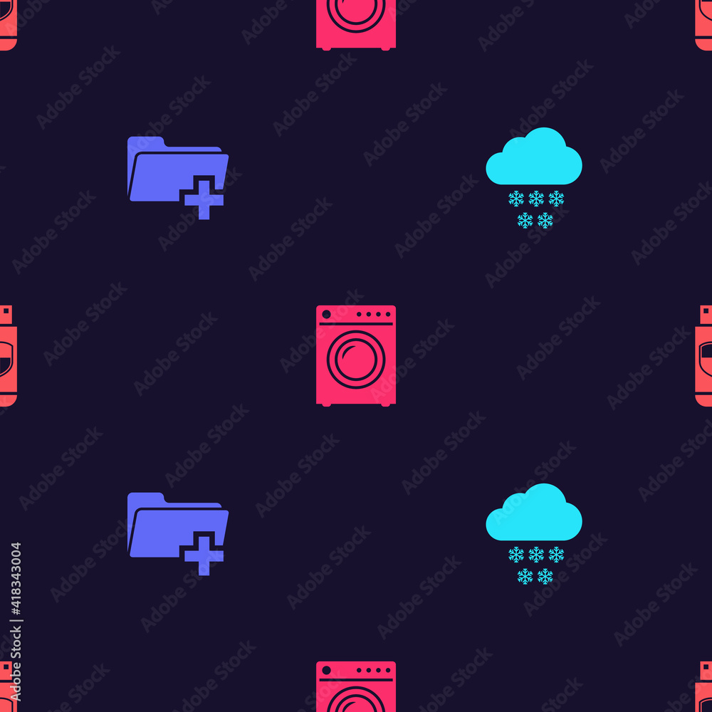 Poster set cloud with snow, add new folder, washer and usb flash drive and shield on seamless pattern. vect