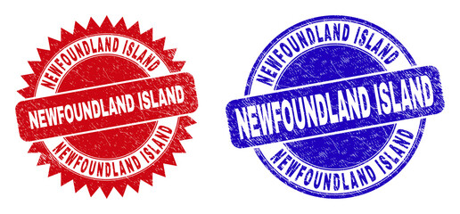 Round and rosette NEWFOUNDLAND ISLAND seal stamps. Flat vector scratched seal stamps with NEWFOUNDLAND ISLAND caption inside round and sharp rosette shape, in red and blue colors.