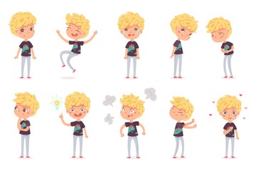 Cute boy gestures and emotions set. Child is angry, happy, crying, sad, arguing, thinking, wondering, in love, brainstorming. Vector character illustration of bundle different types of moods behavior.