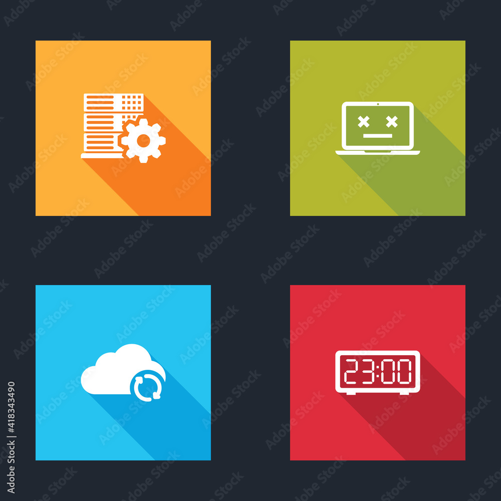 Poster Set Server setting, Dead laptop, Cloud sync refresh and Digital alarm clock icon. Vector.