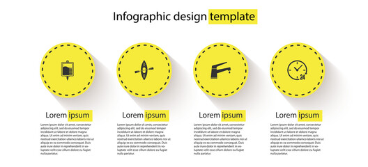 Set IV bag, Kayak and paddle, Water tap and Clock 24 hours. Business infographic template. Vector.