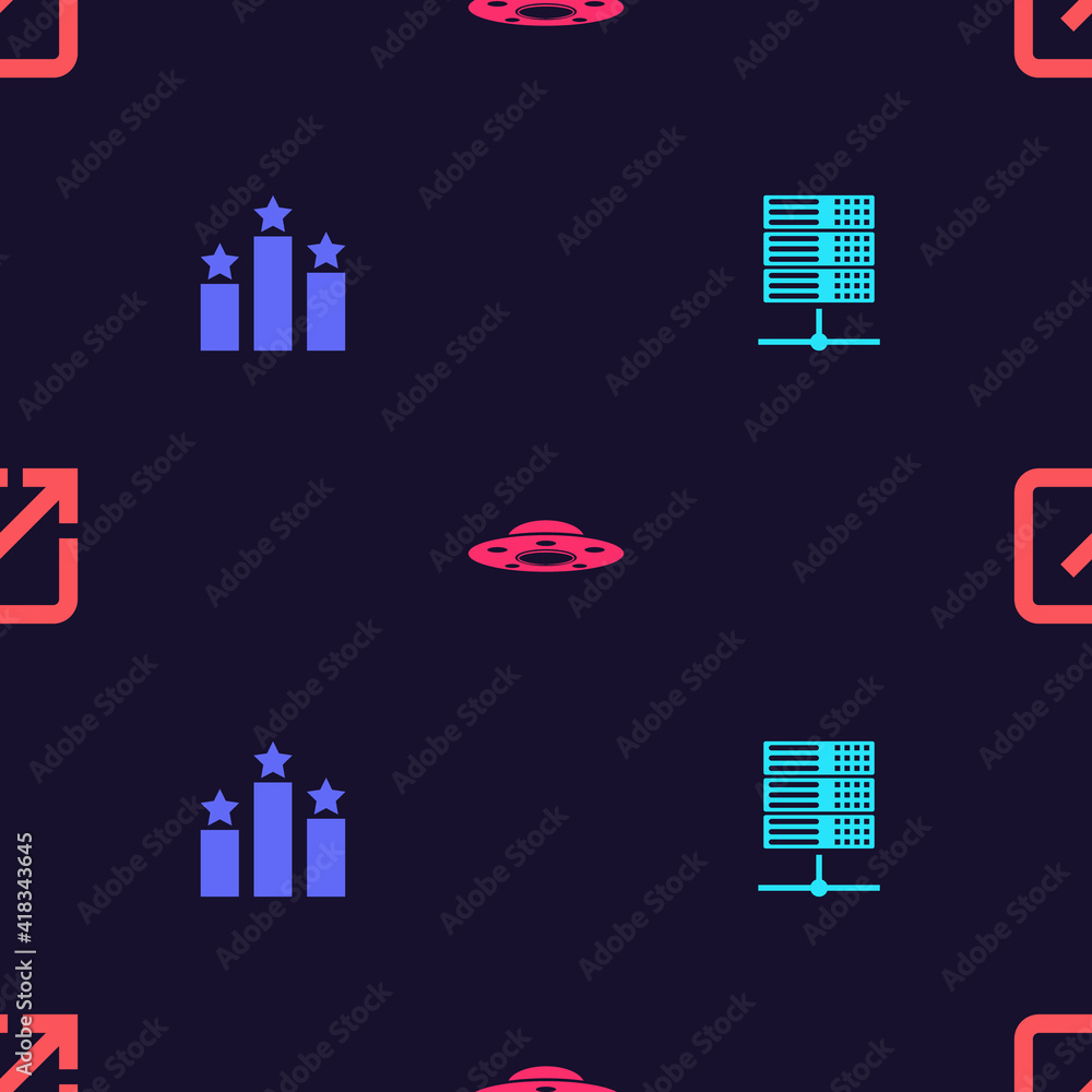 Poster set server, data, web hosting, ranking star, ufo flying spaceship and open new window on seamless pa