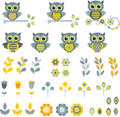 Isolated grey and yellow owls, flowers, and leave branches