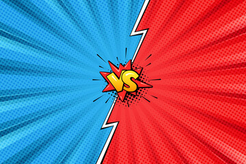 Versus pop art background template for cartoon comic book page or poster. Radial rays backdrop with halftone effect and lightning in comics style design. Red vs blue competition.