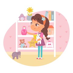 Girl putting toys from floor to shelves, helping with housework. Kid helps to clean bedroom vector illustration. From messy room to neat shelves in stand with books and toys