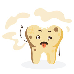 Cute cartoon character of smelly rotting tooth. Vector illustration for pediatric dentistry so that children do not forget to brush their teeth.