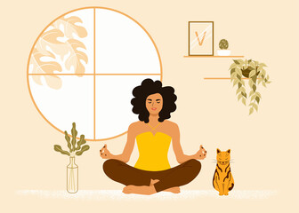 Fototapeta na wymiar The girl sits in the lotus position at home with her cat. The woman is engaged in yoga, meditation. Flat vector illustration