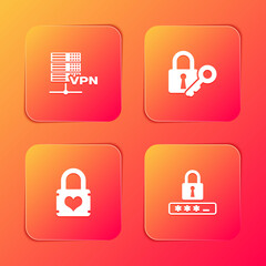 Set Server VPN, Lock and key, Padlock with heart and Password protection icon. Vector.