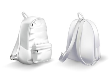 White backpack design front and back view set. College or school rucksack mockup vector illustration. Realistic youth pack of fabric for study or sport with shadows