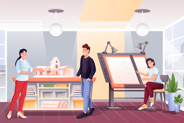 People working in design office. Business workplace interior vector illustration. Women and man doing creative job in team. Graphic workstation with lamps, house model in room
