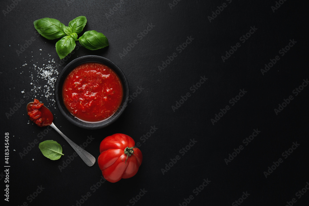 Poster tomato sauce in bowl on dark