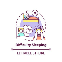 Difficulty sleeping concept icon. Lose sleep idea thin line illustration. Stress, anxiety and depression. Physical and emotional health. Vector isolated outline RGB color drawing. Editable stroke