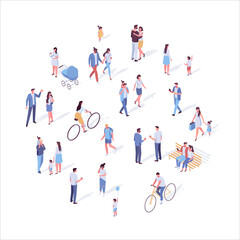 Isometric vector background people. City street, park. Different people walking outdoor, riding bicycle, sitting on bench, walking with friends, pets. Family together. Flat vector isolated.