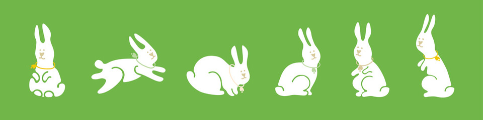 a set of cute hand-drawn rabbits, doodles, vector images on a green background