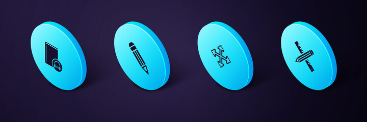 Set Isometric Crossed ruler and pencil, Pixel arrows in four directions, Pencil and Audio book icon. Vector.
