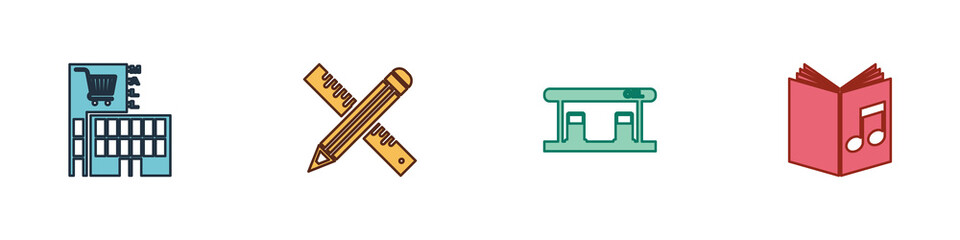 Set Mall or supermarket building, Crossed ruler and pencil, Gas filling station and Audio book icon. Vector.