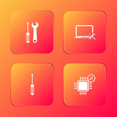 Set Screwdriver and wrench, Laptop service, and Processor icon. Vector.