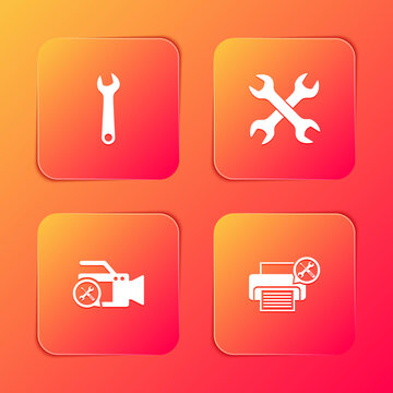 Set Wrench, Crossed wrenchs, Video camera service and Printer icon. Vector.