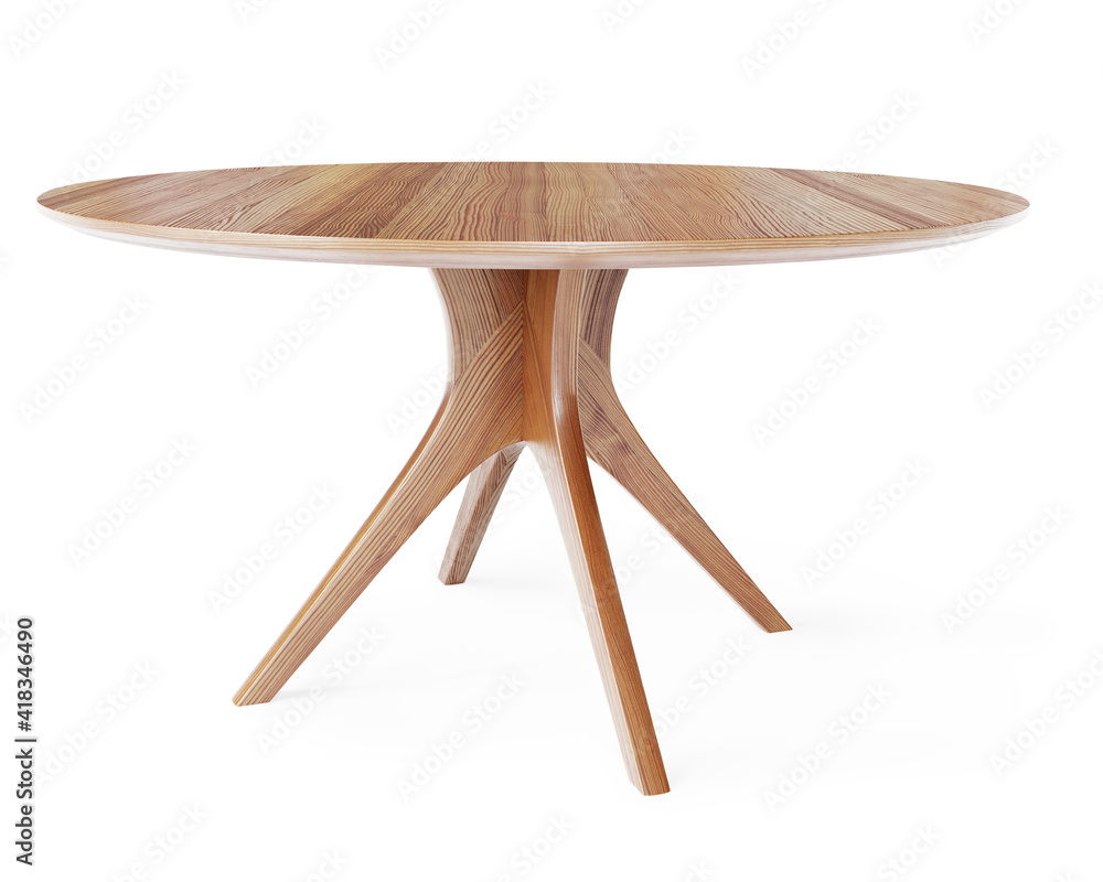 Poster Round wooden retro table. Dining table isolated on white background. Clipping path included. 3D render. 3D illustration.