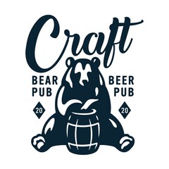 Emblem of brewery bear with wood barrel of craft brewing beer for bar or pab