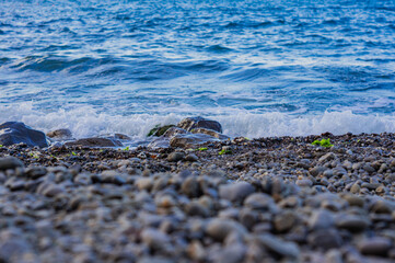 Small waves closeup on a dawn, seascape