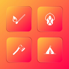 Set Burning match with fire, Canteen water bottle, Wooden axe and Tourist tent flag icon. Vector.