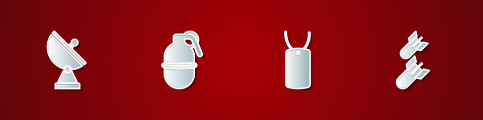 Set Radar, Hand grenade, Military dog tag and Aviation bomb icon. Vector.