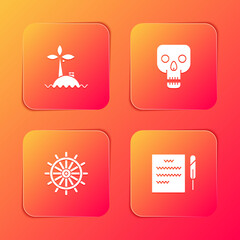 Set Tropical island in ocean, Skull, Ship steering wheel and Feather pen scroll icon. Vector.