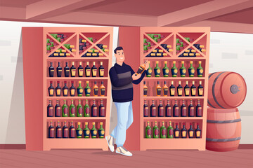 Man choosing in alcohol shop. Wine store interioir design with shelves with rows of bottles, barrels in background. Young happy guy holding bottle in hands vector illustration