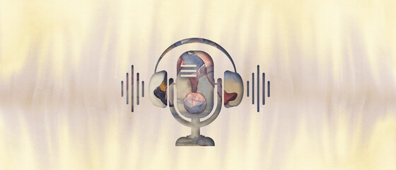 podcast about football concept. icon of a radio microphone with headphones. soccer players. broadcasting banner. 