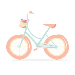 Fototapeta na wymiar Cute bike with a basket of flowers. Vector flat illustration