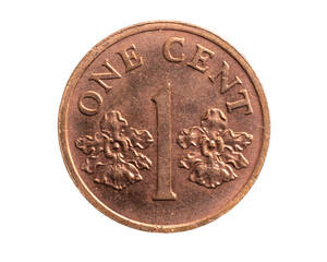 Singapore one cent coin on a white isolated background