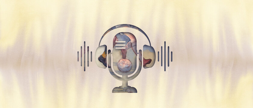podcast about football concept. icon of a radio microphone with headphones. soccer players. broadcasting banner. 