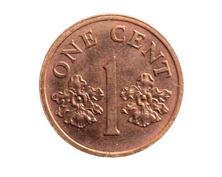 Singapore one cent coin on a white isolated background