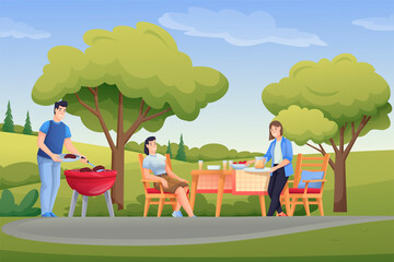 Obraz na płótnie Canvas People having barbecue party outdoor scene. Friends grilling meat in summer vector illustration. Panoramic view of women and man outside in nature cooking and eating